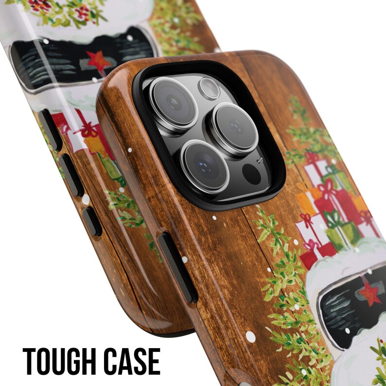 May include: A tough phone case with a wood grain design and a Christmas-themed image of a snowman with presents. The case has a cutout for the camera lens and a raised lip to protect the screen.