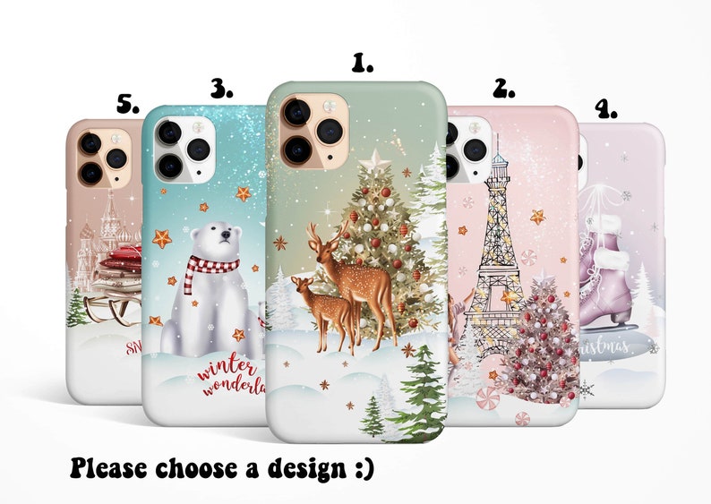 May include: Five different phone case designs featuring winter holiday themes. The designs include a polar bear, a Christmas tree, the Eiffel Tower, ice skates, and a winter scene with a sleigh.