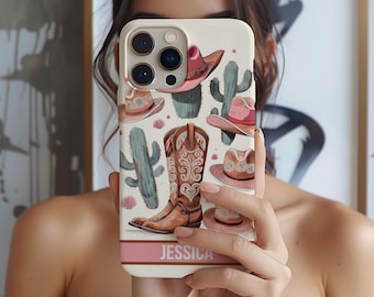 Custom Name Cowgirl Phone Case iPhone 17e 17 16e 16 15 14 13 12 Samsung Galaxy S26 S25 S24 S23 MagSafe Pixel 10 western country cowboy gift
