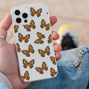 Cute Butterfly Clear Phone Case for iPhone 16e 16 15 14 13 12 11 XR Samsung Galaxy S25 S24 S23 S22 S21 flowers, Clear Case TPU Hybrid gift
