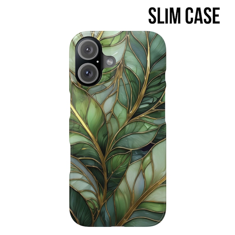 May include: A slim phone case featuring a green and gold leaf design. The case has a glossy finish and the text "SLIM CASE" is printed at the top. The design includes various shades of green and gold accents.