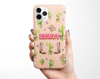 Howdy Cowgirl Western Cactus Phone Case available for iPhone 15 14 13 12, 11 Pro Max, XR, XS Samsung Galaxy S24 S23 S22 S21 Flowers, Quote