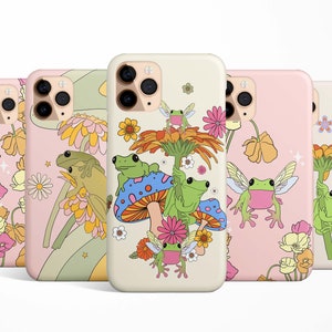 Frog Floral Retro Phone Case for iPhone 16e 16 15 14 13 12 11 Samsung S25 S24 S23 S22 Google PIxel 9 8  flowers mushroom, smiley MagSafe