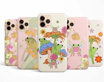 Frog Floral Retro Phone Case iPhone 17e 17 16e 16 15 14 13 12 11 MagSafe Samsung S26 S25 S24 S23 Google Pixel 10 flower mushroom smiley gift
