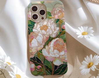 Gebrandschilderd glas Peony Esthetic telefoonhoesje iPhone 17e 17 16e 16 15 14 13 12 MagSafe Samsung Galaxy S26 S25 S24 S23 Google Pixel 10 cadeau-idee