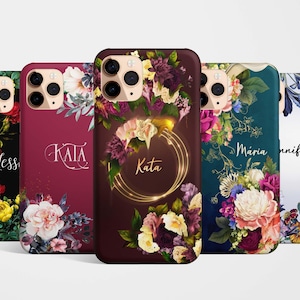 Aangepaste naam bloemen telefoonhoesje voor iPhone 16e 16 15 14 13 12 11 XR Samsung S25 S24 S23 S22 S21 Google Pixel 9 8 MagSafe bloemenroos monogram