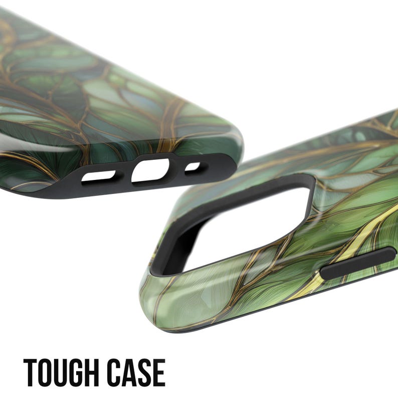 May include: Two phone cases with a green and gold leaf design. The cases are black around the edges and have cutouts for the phone's features. The text "TOUGH CASE" is printed in bold, white letters at the bottom.
