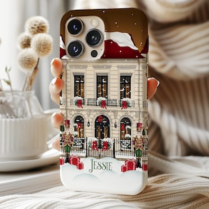 Custodia per telefono con nome personalizzato "Christmas Town" per iPhone 16e, 16, 15, 14, 13, 12, Samsung Galaxy S25, S24, S23, S22, Pixel 9, custodia MagSafe natalizia, casa personalizzata