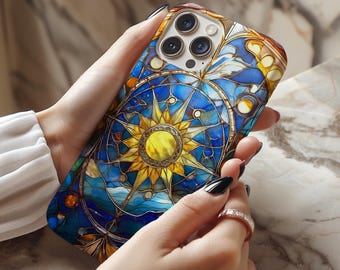 Stained Glass Sun Moon Aesthetic Phone Case iPhone 17e 17 16e 16 15 14 13 12 MagSafe Samsung Galaxy S26 S25 S24 S23 Google Pixel 10 Gift