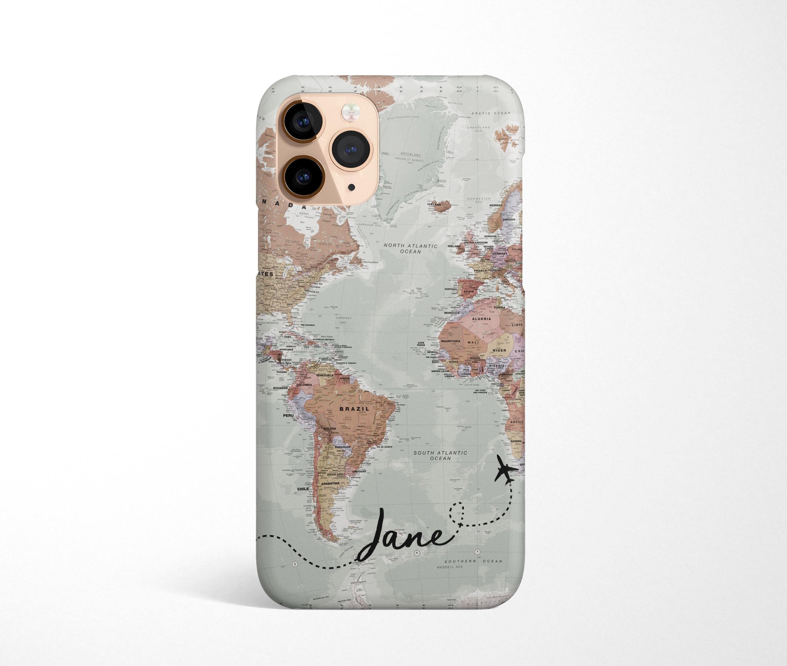 Personalised Custom Name Map Phone Case iPhone 16e 16 15 14 13 12 11 XR Samsung Galaxy S25 S24 S23 S22 S21 Travel Phone Case MagSafe Pixel 9