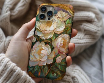 Gebrandschilderd glas Peony Esthetic telefoonhoesje iPhone 17e 17 16e 16 15 14 13 12 MagSafe Samsung Galaxy S26 S25 S24 S23 Google Pixel 10 cadeau-idee