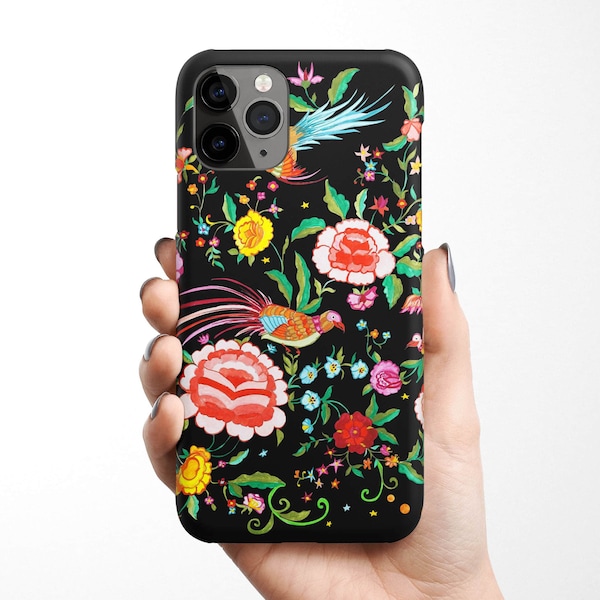 Folk Bird Phone Case for iPhone 15 14 13 12 11 XR Samsung Galaxy S24 S23 S22 S21 bird flower boho bohemian folk art illustration embroidery