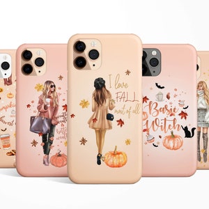 May include: Set of five iPhone cases with autumn-themed designs. The cases feature illustrations of women in fall outfits, pumpkins, leaves, and text that says "I love fall most of all", "Basic Witch", and "Sweeter than pumpkin pie".