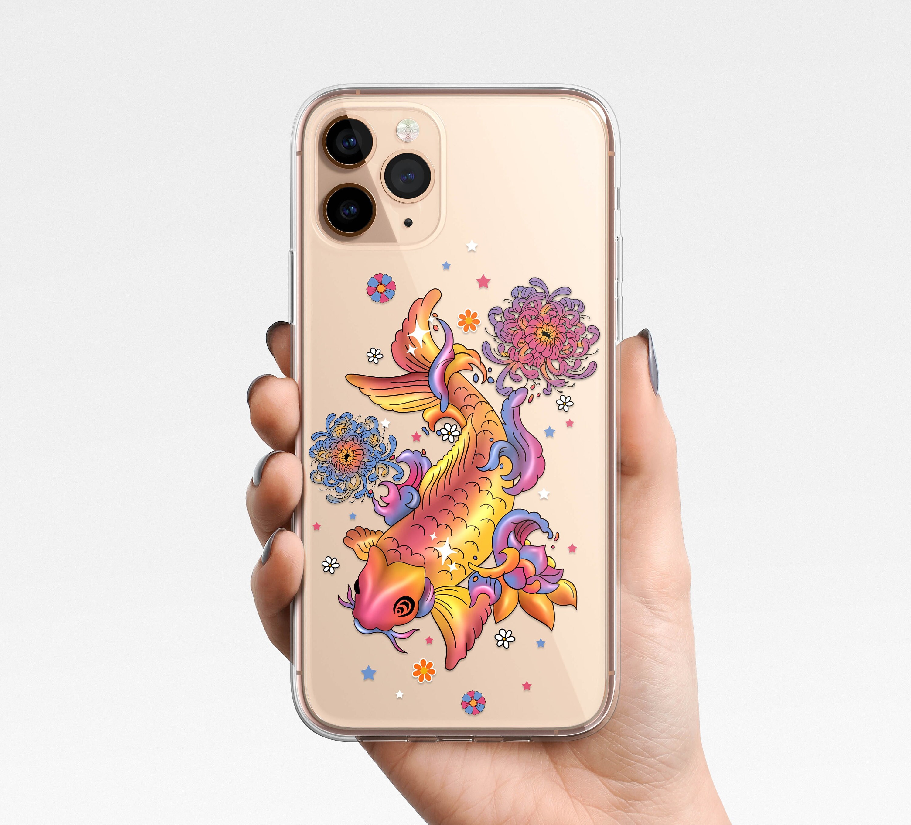 Koi Fish Tropical Clear Phone Case iPhone 16e 16 15 14 13 12 11 XR 8 Samsung Galaxy S25 S24 S23 S22 smiling flowers Clear Case TPU Hybrid