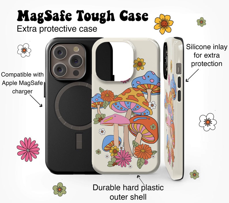 May include: A white phone case with a colorful mushroom and flower design. The case has a black silicone inlay for extra protection and is compatible with Apple MagSafe chargers. The case is made of durable hard plastic.