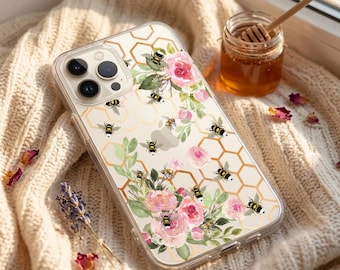 Bee Honeycomb Floral Clear Phone Case iPhone 17e 17 16e 16 15 14 13 12 Samsung Galaxy S26 S25 S24 S23 S22 S21 S20 spring gift TPU Hybrid