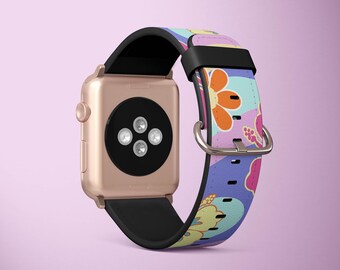 May include: A rose gold Apple Watch with a black band and a colourful floral patterned band.