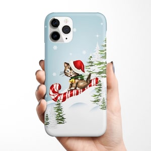 Christmas Cat Phone Case for iPhone 16e 16 15 14 13 12 11 SE Samsung Galaxy S25 S24 S23 S22 xmas phone case, animal, snow, holiday gift