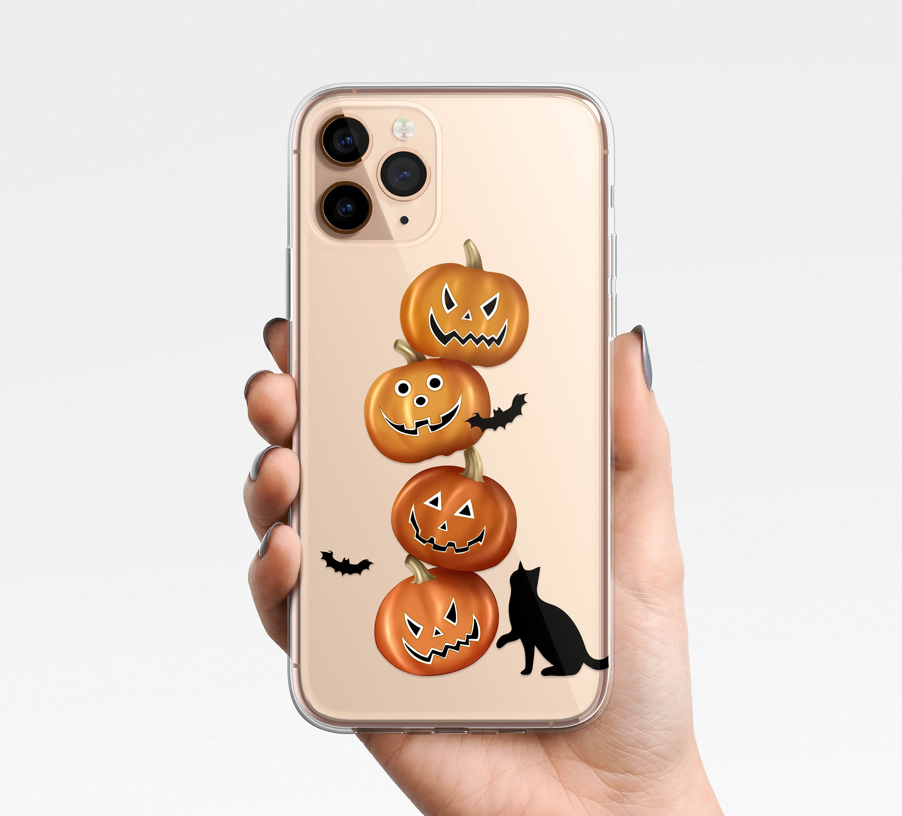 Halloween Pumpkin Cat Clear Phone Case iPhone 16e 16 15 14 13 12 11 Samsung Galaxy S25 S24 S23 S22 S21 Clear TPU Hybrid gift Transparent