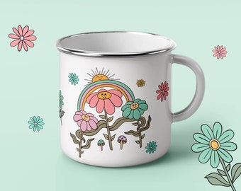 Aangepaste naam retro lachende bloemen emaille mok, campingmok, picknickmok, metalen mok gepersonaliseerd, kampvuur emaille beker, cadeau voor haar, moeder cadeau