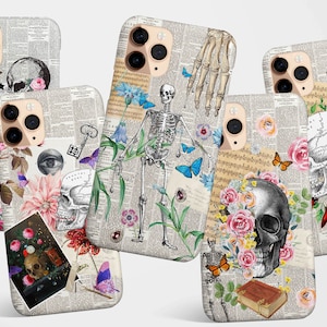 May include: Set of six iPhone cases featuring a collage of vintage anatomical illustrations, floral patterns, and skulls. The cases have a white background with a newspaper-like texture.