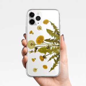 May include: A clear phone case with a design of dandelion flowers and stems in shades of green and yellow.