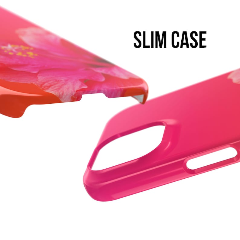 May include: A pink phone case with a floral design and the text "SLIM CASE" printed on it.