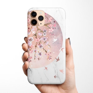 桜の携帯ケース iPhone 16e 16 15、14 13 12 11 Samsung Galaxy S25 S24 S23、S22 S21、S20 花柄の桜スズメ、春、ギフト