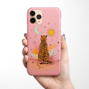 Sun Moon Stars Tiger Phone Case iPhone 16e 16 15 14 13 12 11 Samsung Galaxy S25 S24 S23 S22 Pink Case Inspirational Spiritual gift for her