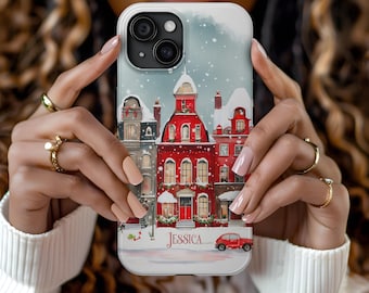 Custom Name Christmas Town Phone Case iPhone 17 16e 16 15 14 13 12 11 Samsung Galaxy S25 S24 S23 S22 Pixel 9 xmas MagSafe house personalised