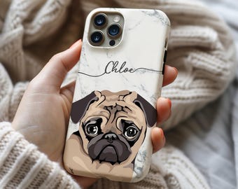 Personalised Custom Name Pug Phone Case iPhone 17e 17 16e 16 15 14 13 12 MagSafe Samsung Galaxy S26 S25 S24 S23 S22 Pixel 10 dog pug gift