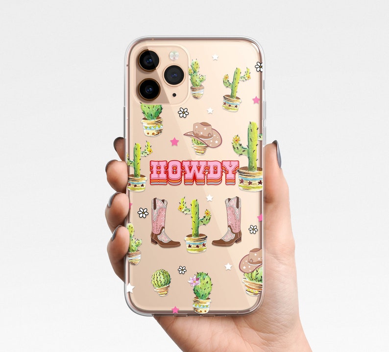 Western Country Cowgirl Clear Phone Case iPhone 15 14 13 12 Samsung Galaxy S24 S23 cowboy, howdy, cactus, Clear Case TPU Hybrid, dolly, hat 4