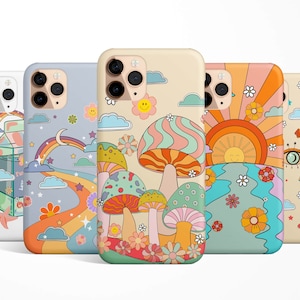 Retro 70s Groovy Phone Case for iPhone 15 14 13 12 11 Samsung S24 S23 S22 S21 Google Pixel 8 7 6, smiling flowers, mushroom, smiley, floral