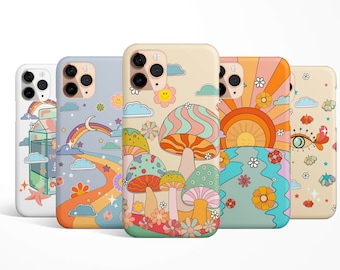Retro 70s Groovy Phone Case iPhone 17e 17 16e 16 15 14 13 12 11 Samsung S26 S25 S24 S23 S22 S21 Google Pixel 10 flowers mushroom smiley gift