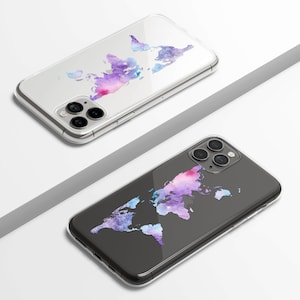 Weltkarte klar Handyhülle iPhone 16 15 14 13 12 11 Samsung Galaxy S25 S24 S23 Reise Fernweh Abenteuer Aquarell klar Hülle TPU Hybrid