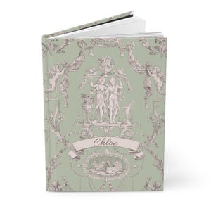 Carnet de notes vert toile de Jouy avec prénom personnalisé, cadeau pour elle, carnet déco coquette, carnet de notes français, carnet de croquis, coquette