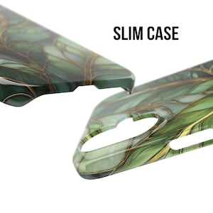 May include: Two-piece slim phone case with a green and gold leaf design. The case is glossy and features the text "SLIM CASE" in bold, black letters. The design has a natural, organic aesthetic.