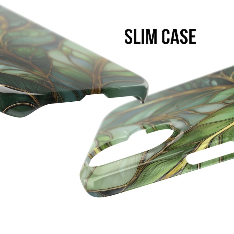 May include: Two-piece slim phone case with a green and gold leaf design. The case is glossy and features the text "SLIM CASE" in bold, black letters. The design has a natural, organic aesthetic.