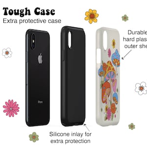 May include: A tough case for a phone with a silicone inlay for extra protection. The case is black with a white design of colorful mushrooms and flowers. The text "Tough Case" and "Extra protective case" is at the top of the image.
