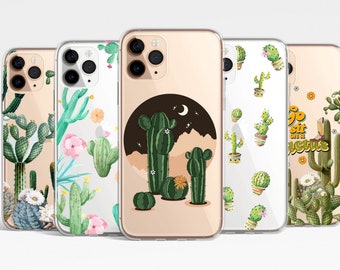 May include: Set of five clear phone cases with different cactus designs. One case features a cactus with a moon and stars, another has a cactus with the text "Go sit on a cactus", and the other three have various cactus patterns.