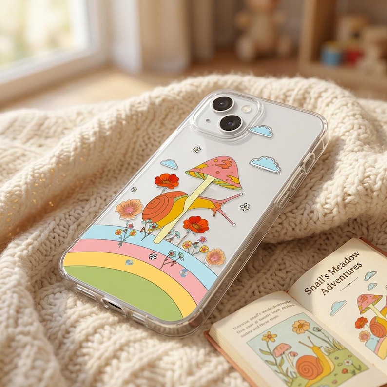 May include: Clear phone case with a colorful design featuring a snail, mushroom, flowers, and a rainbow. The case is decorated with a whimsical illustration and is resting on a soft, cream-colored blanket.