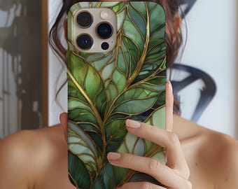 Tropical Leaves Stained Glass Phone Case iPhone 17e 17 16e 16 15 14 13 12 11 XS Samsung Galaxy S26 S25 S24 S23 MagSafe Aesthetic green gift