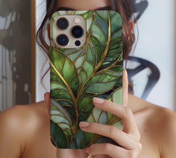 Tropical Leaves Stained Glass Phone Case iPhone 17e 17 16e 16 15 14 13 12 11 XS Samsung Galaxy S26 S25 S24 S23 MagSafe Aesthetic green gift