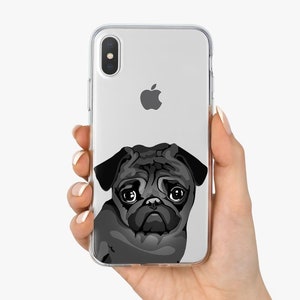 May include: A clear phone case with a black and white illustration of a pug dog. The pug is looking at the camera with a sad expression.