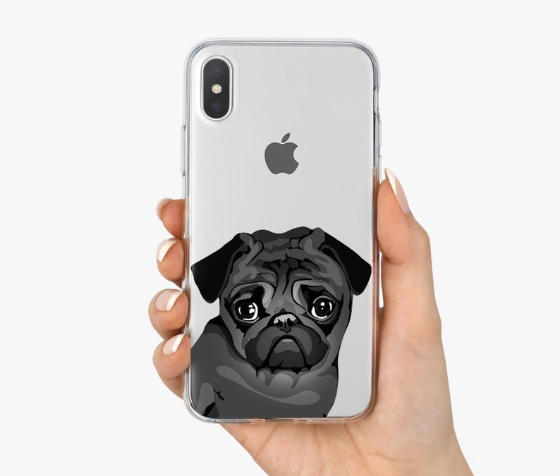 May include: A clear phone case with a black and white illustration of a pug dog. The pug is looking at the camera with a sad expression.