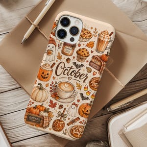 K&ouml;nnte beinhalten: Eine cremefarbene Smartphone-H&uuml;lle mit einem wiederkehrenden Muster aus herbstlichen Illustrationen wie K&uuml;rbissen, Kaffeetassen, Geistern, Flederm&auml;usen und Geb&auml;ck. Das Wort October ist in der Mitte des Designs in Schreibschrift zu sehen.