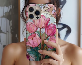 Stained Glass Tulip Aesthetic Phone Case iPhone 16e 16 15 14 13 12 11 Samsung Galaxy S25 S24 S23 S22 Google Pixel 9 8 MagSafe Case Gift Idea