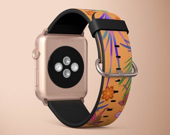 May include: A rose gold Apple Watch with a black band and a colourful floral and bird patterned band.