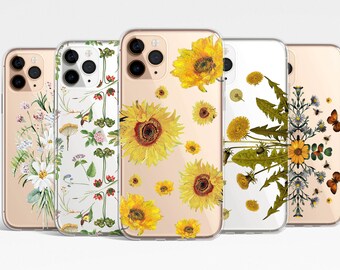 Wilde Blumen klare Hülle iPhone 17e 17 16e 16 15 14 13 12 11 Samsung Galaxy S26 S25 S24 S23 S22 transparente Hülle TPU Hybrid Feder Sonnenblume