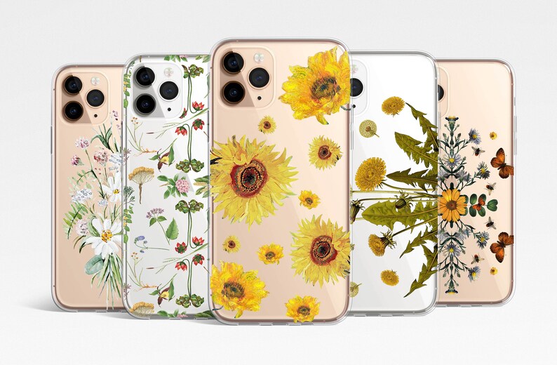 May include: Four clear phone cases with different floral designs. The cases feature sunflowers, dandelions, and a variety of other flowers in shades of yellow, white, and green.